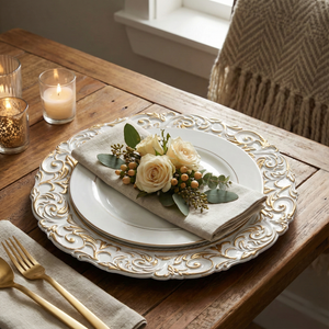 White & Gold Scroll Charger Plates, Set of 5