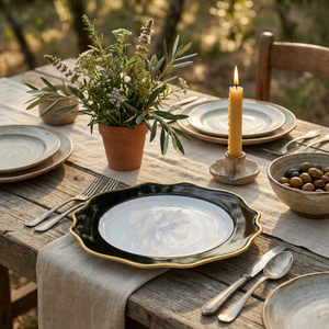 Black & Gold Wave Charger Plates, Set of 5