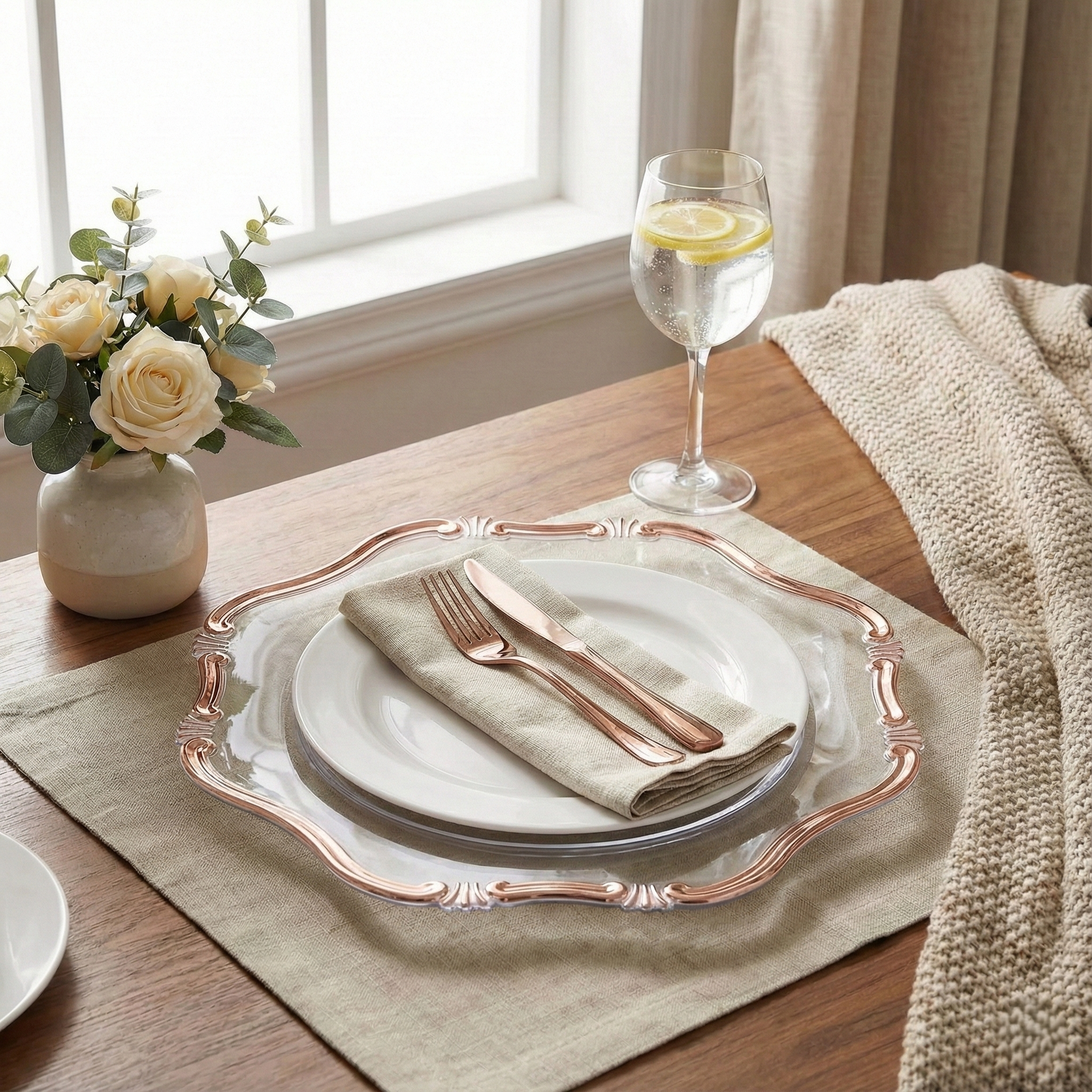 Clear & Rose Gold Rim Charger Plates, Set of 5