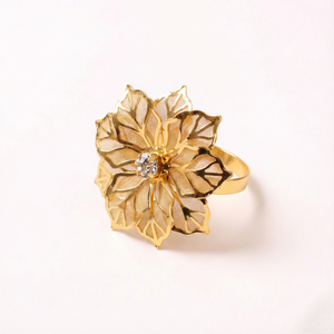 Gold Flower Napkin Rings with Crystal Center, Set of 5