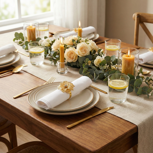 Gold Flower Napkin Rings with Crystal Center, Set of 5