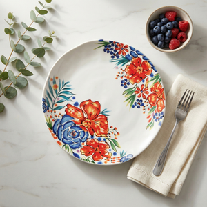 Red Blue Floral Dinner Plates, Set of 2