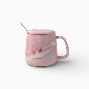 Pink Marble Ceramic Mug with Gold Spoon & Lid