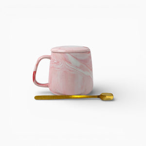 Pink Marble Ceramic Mug with Gold Spoon & Lid