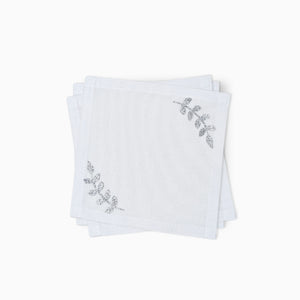 Cotton Cocktail Napkins, Silver Glitter Corner Leaves, Set of 10