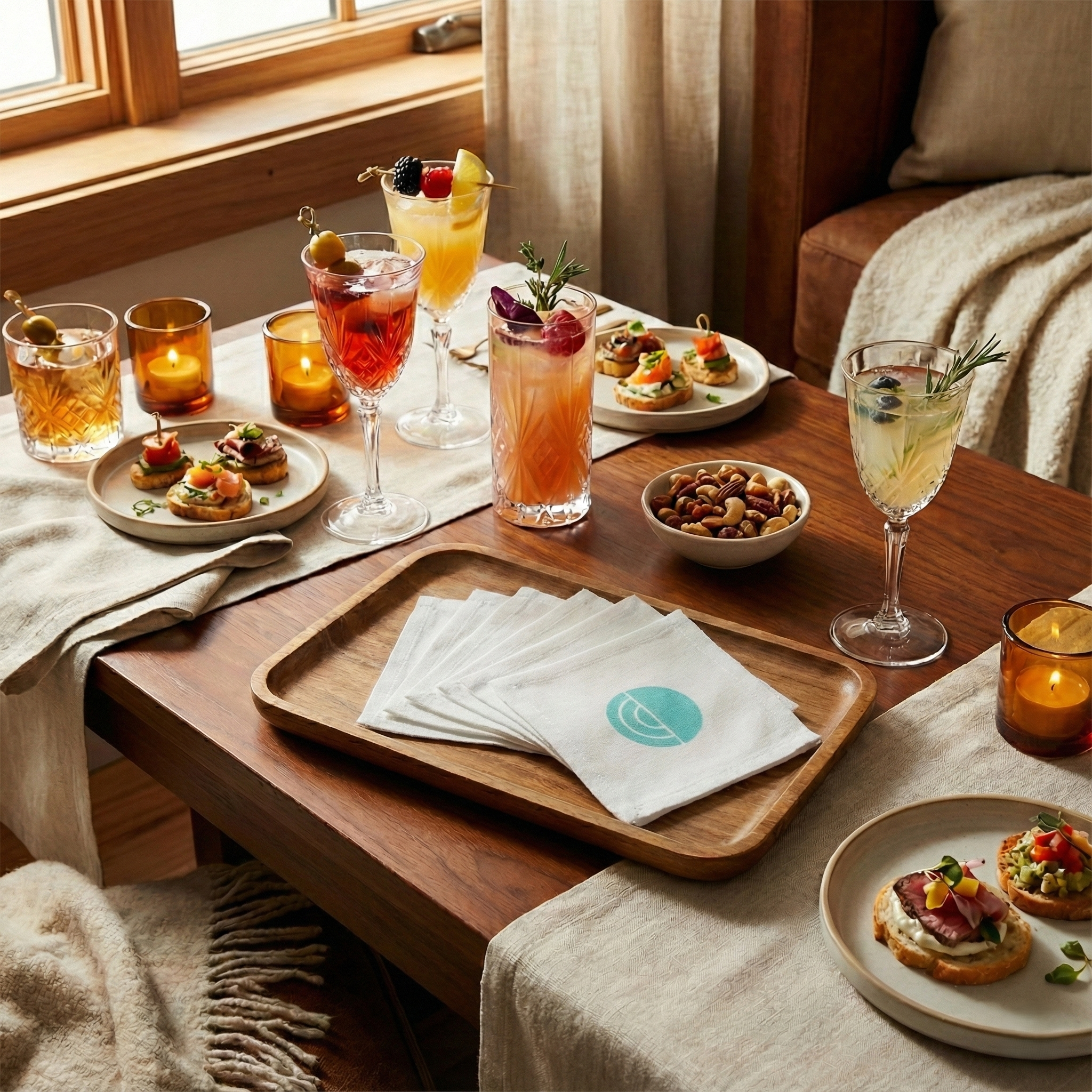 Cotton Cocktail Napkins, Teal Modern Round Icon, Set of 10