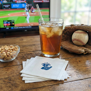 Cotton Cocktail Napkins, Blue Sports Emblem, Set of 10
