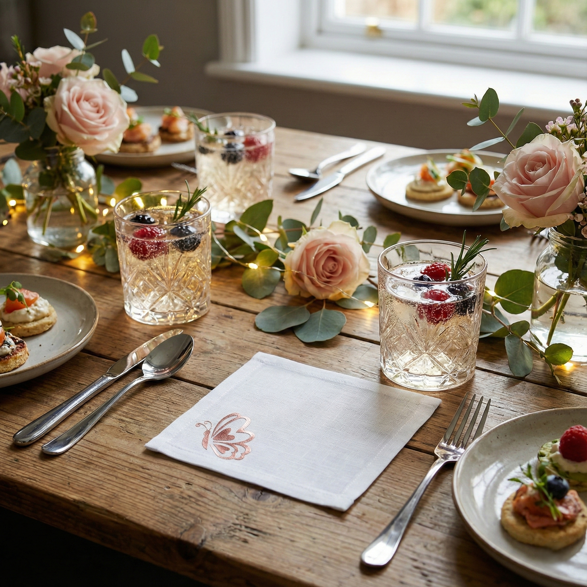 Cotton Cocktail Napkins, Rose Gold Foil Butterfly, Set of 10