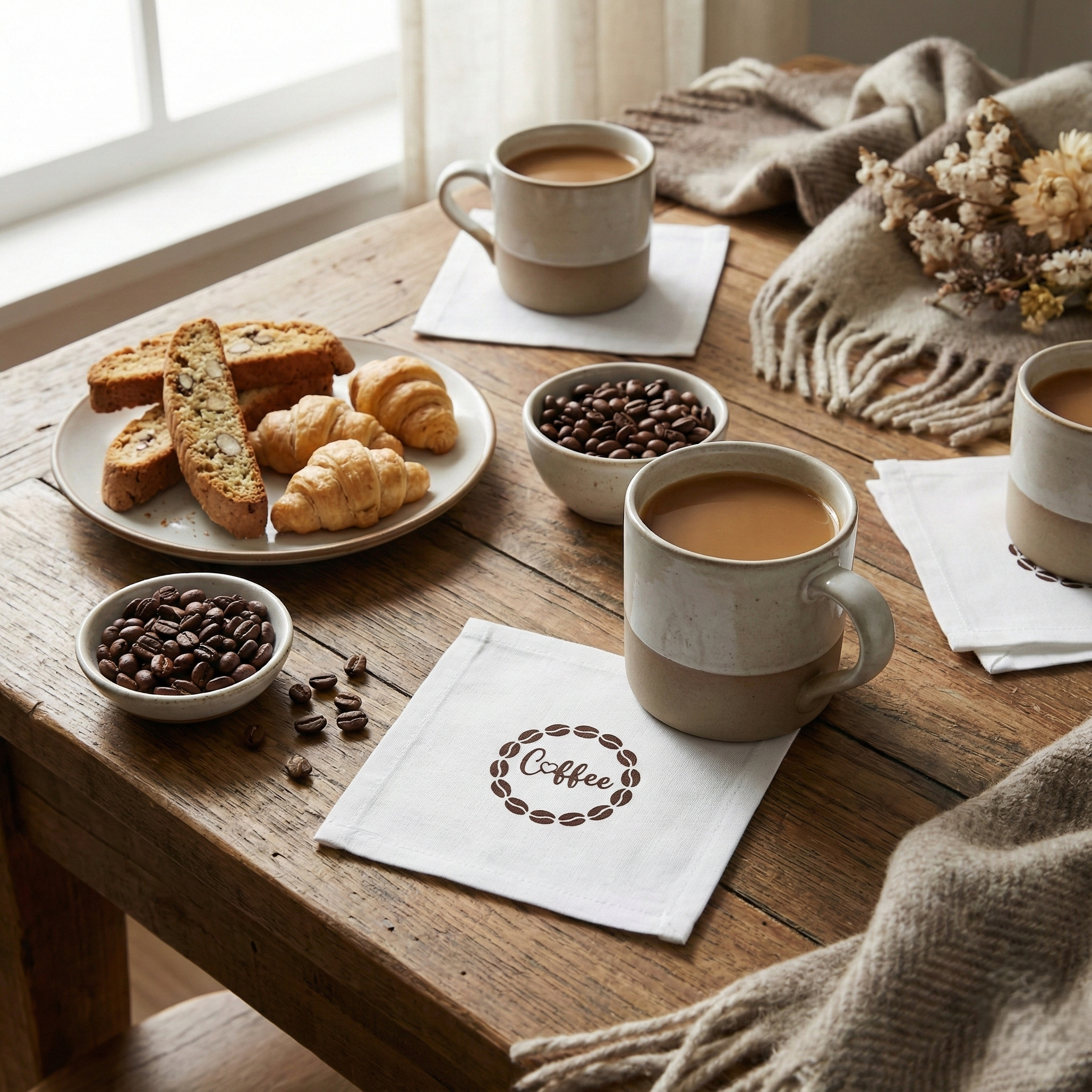 Cotton Cocktail Napkins, Coffee Bean Wreath, Set of 10