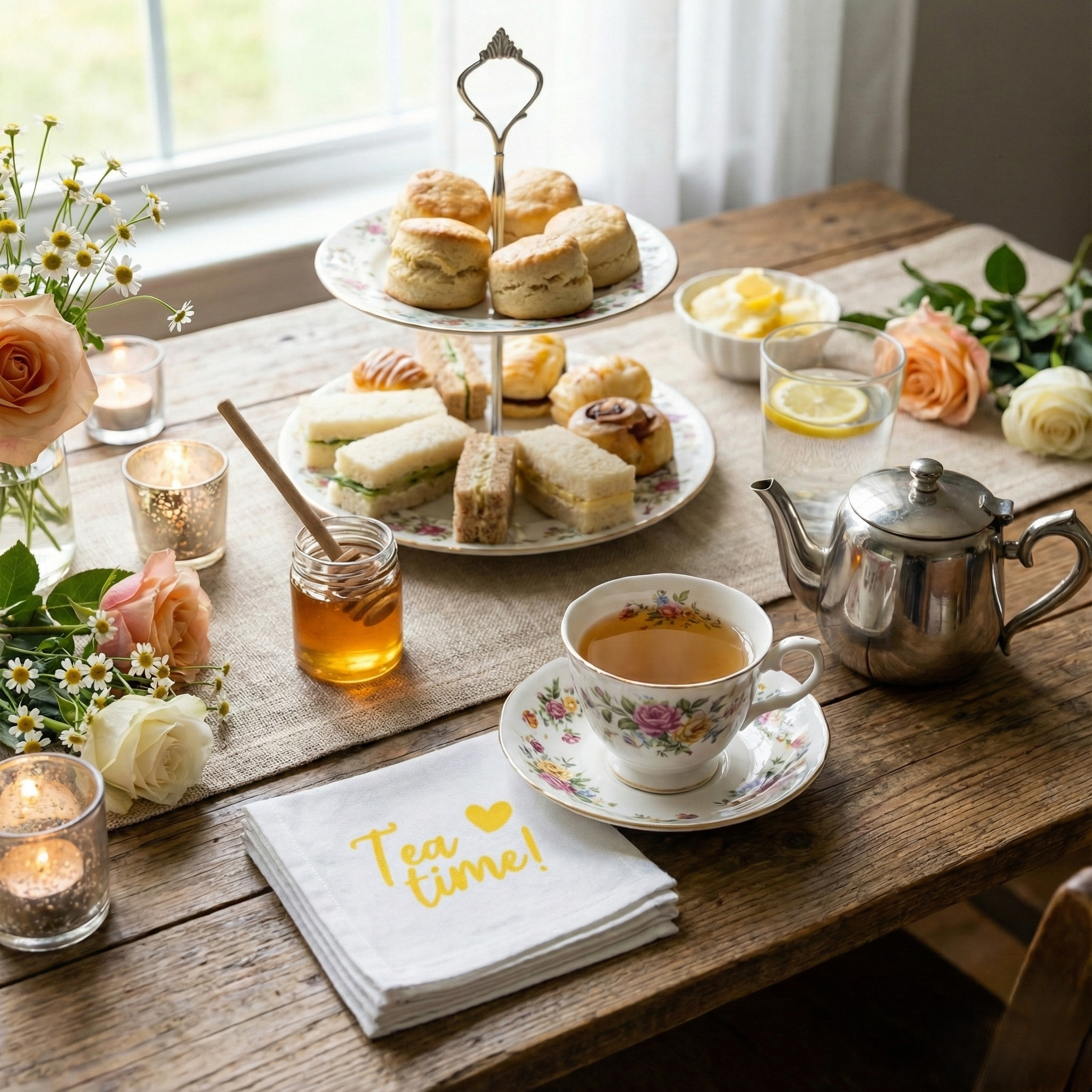 Cotton Cocktail Napkins, “Tea time!”, Set of 10