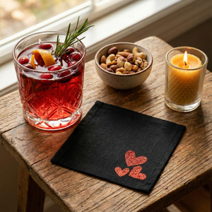 Black Cotton Cocktail Napkins, Red Glitter Hearts, Set of 10