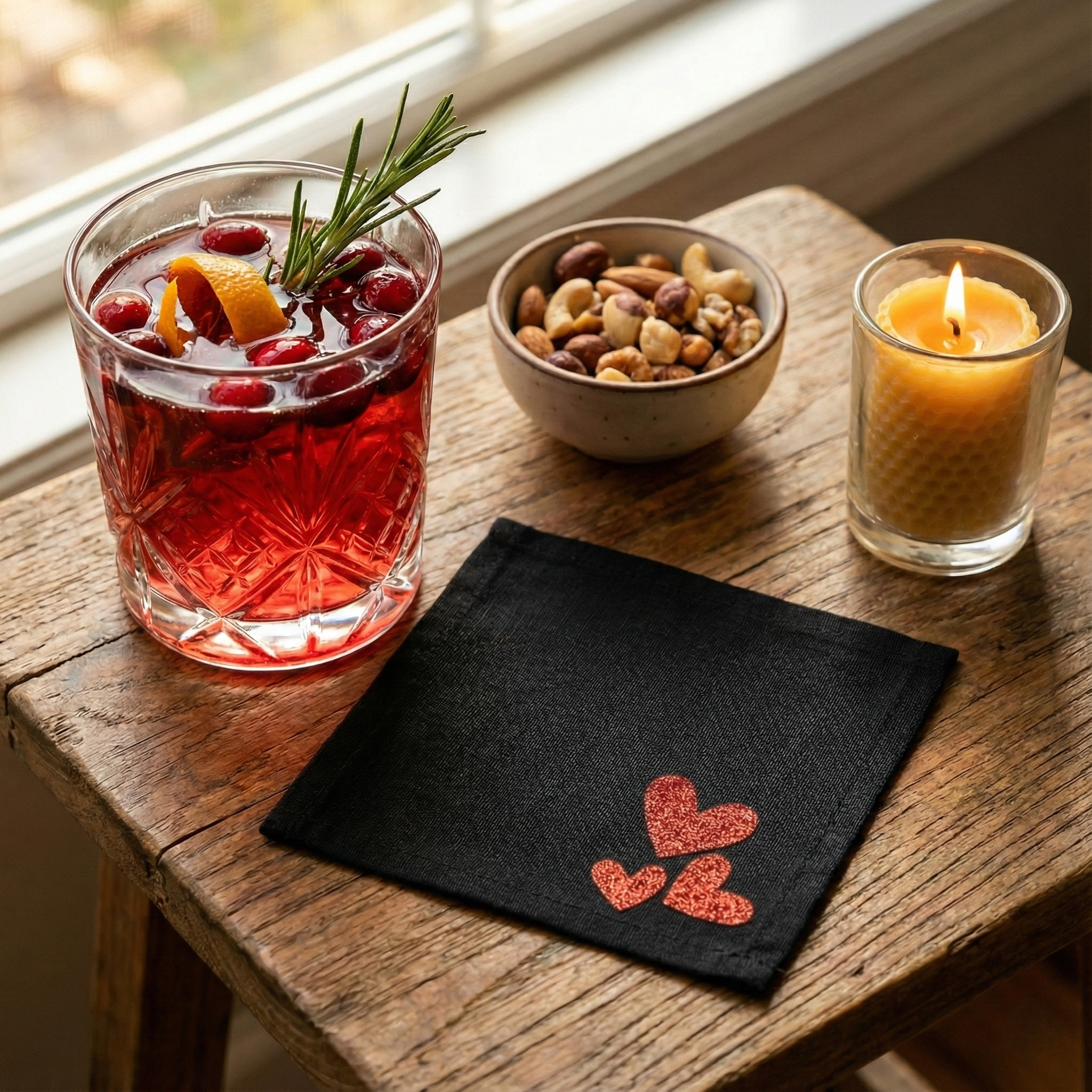 Black Cotton Cocktail Napkins, Red Glitter Hearts, Set of 10