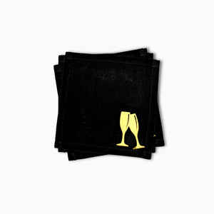 Black Cotton Cocktail Napkins, Gold Foil Cheers Glasses, Set of 10
