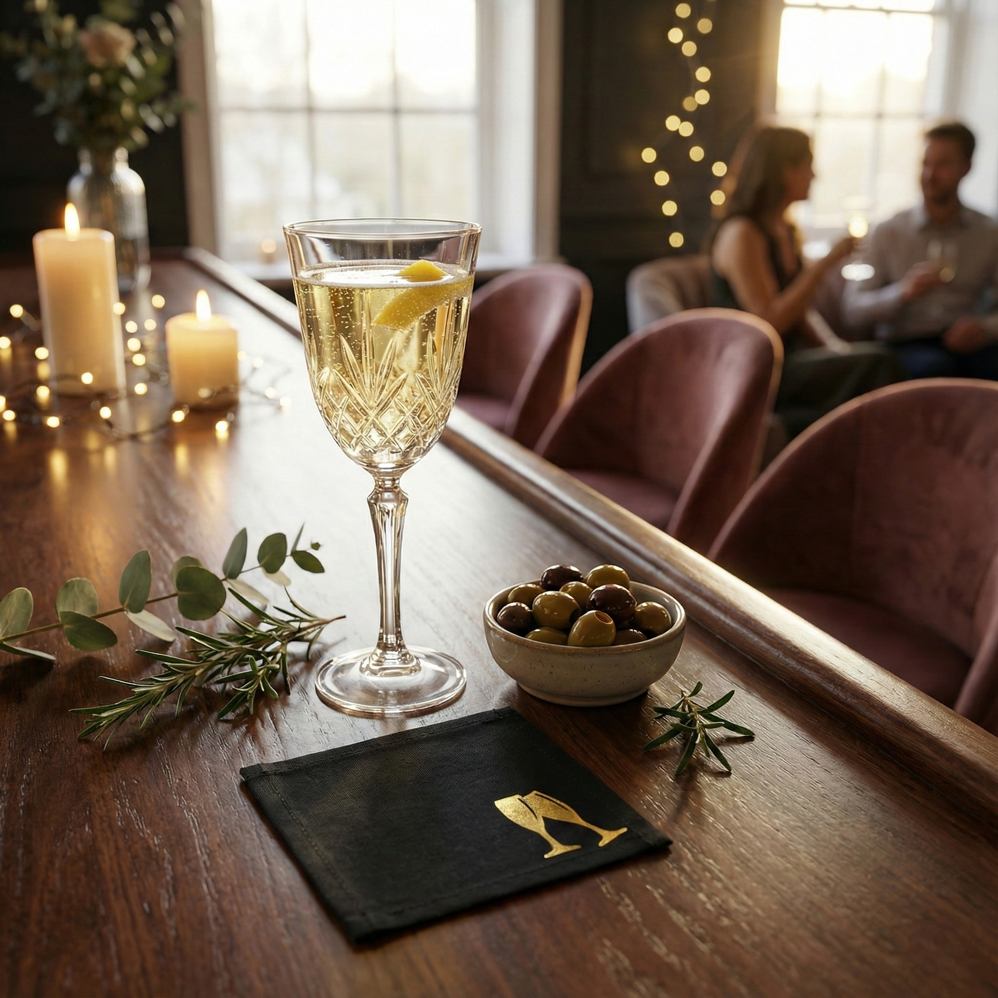 Black Cotton Cocktail Napkins, Gold Foil Cheers Glasses, Set of 10