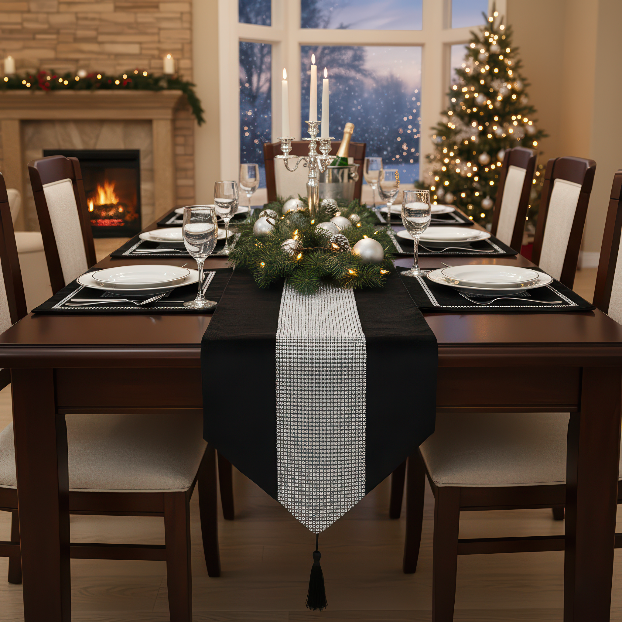 Black Rhinestone Mesh Runner