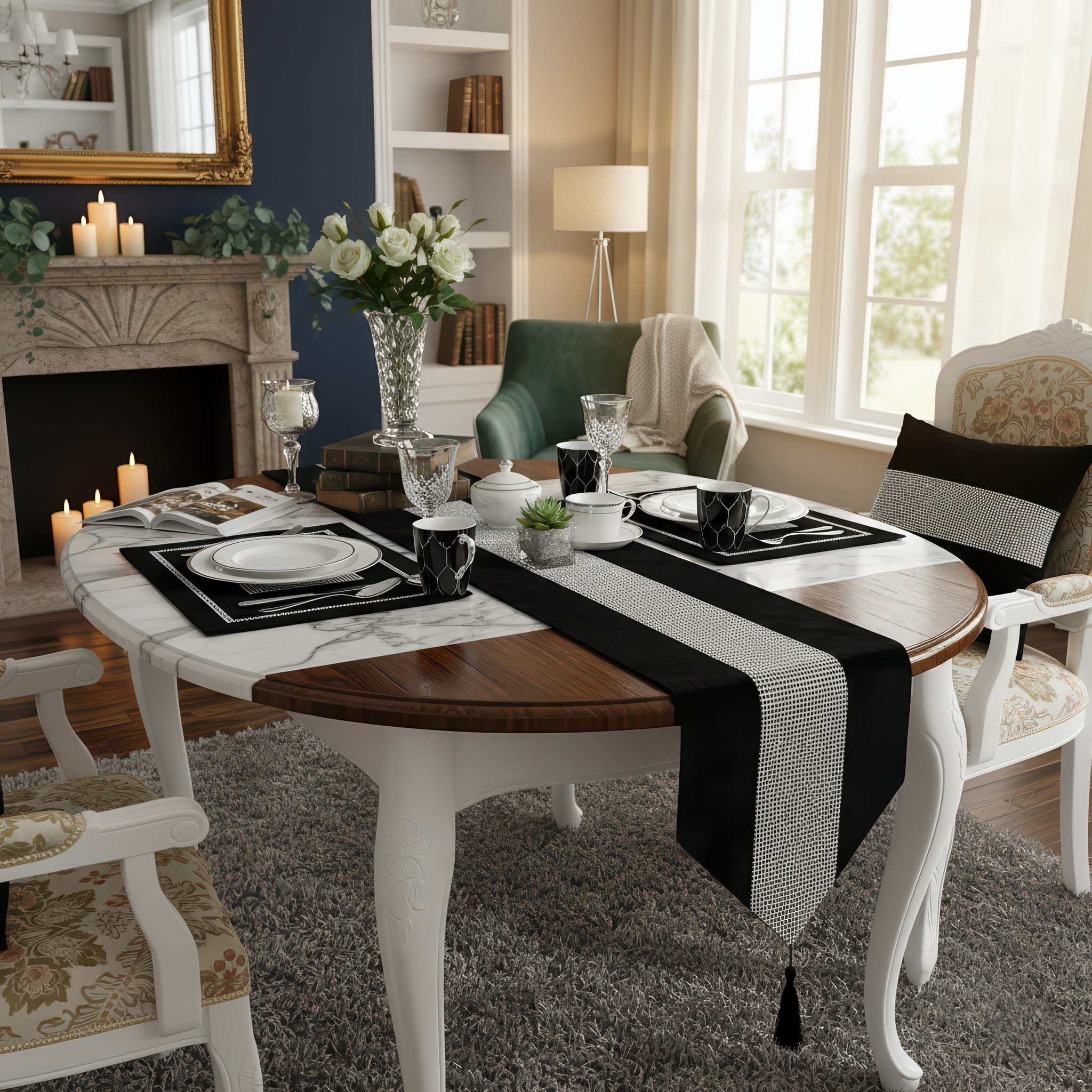 Black Rhinestone Mesh Runner