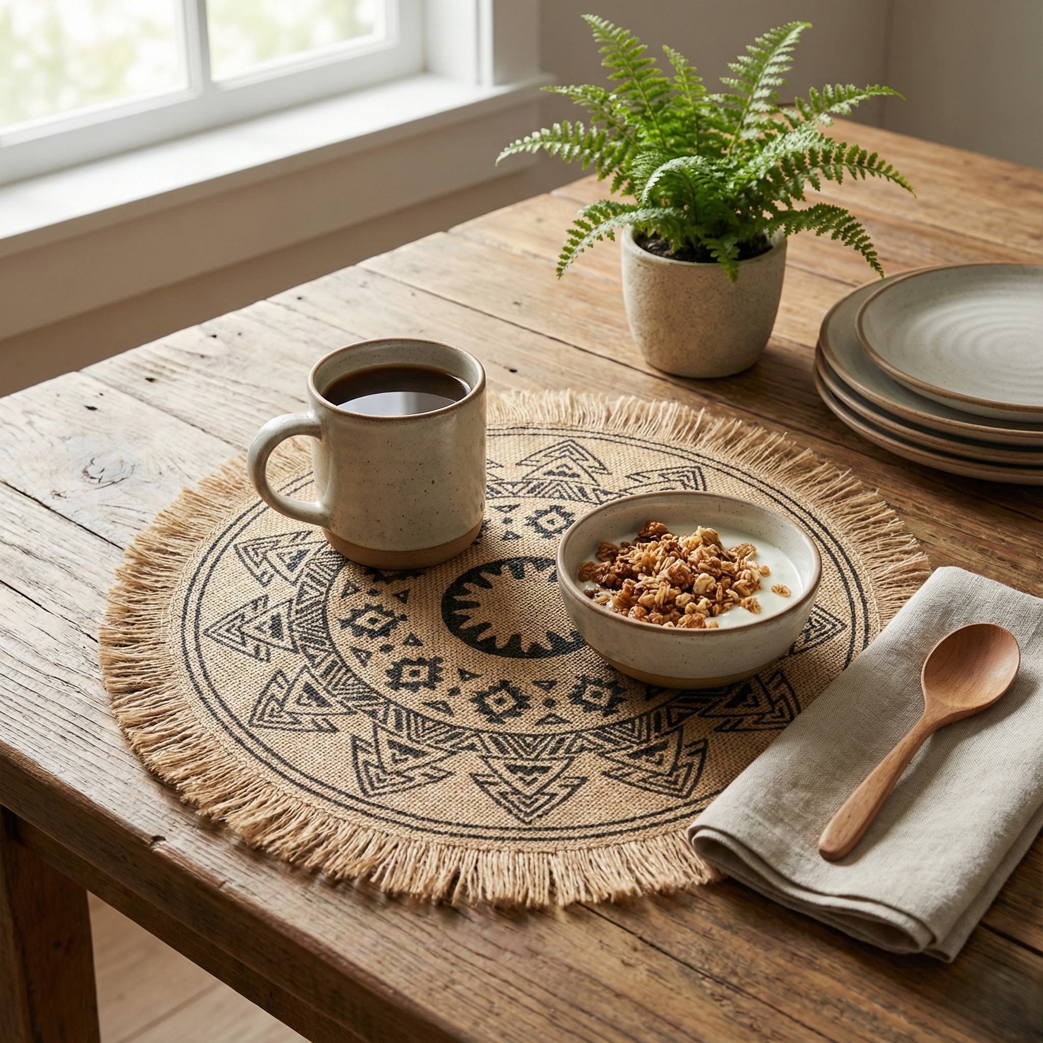 Fringed Sunburst Jute Placemats, Set of 6