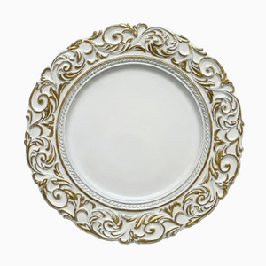 White & Gold Scroll Charger Plates, Set of 5