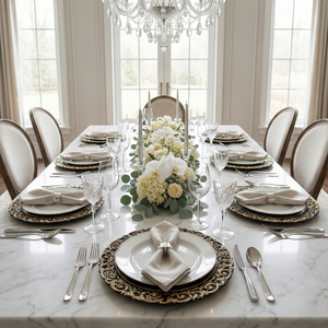 Black & Gold Scroll Charger Plates, Set of 5