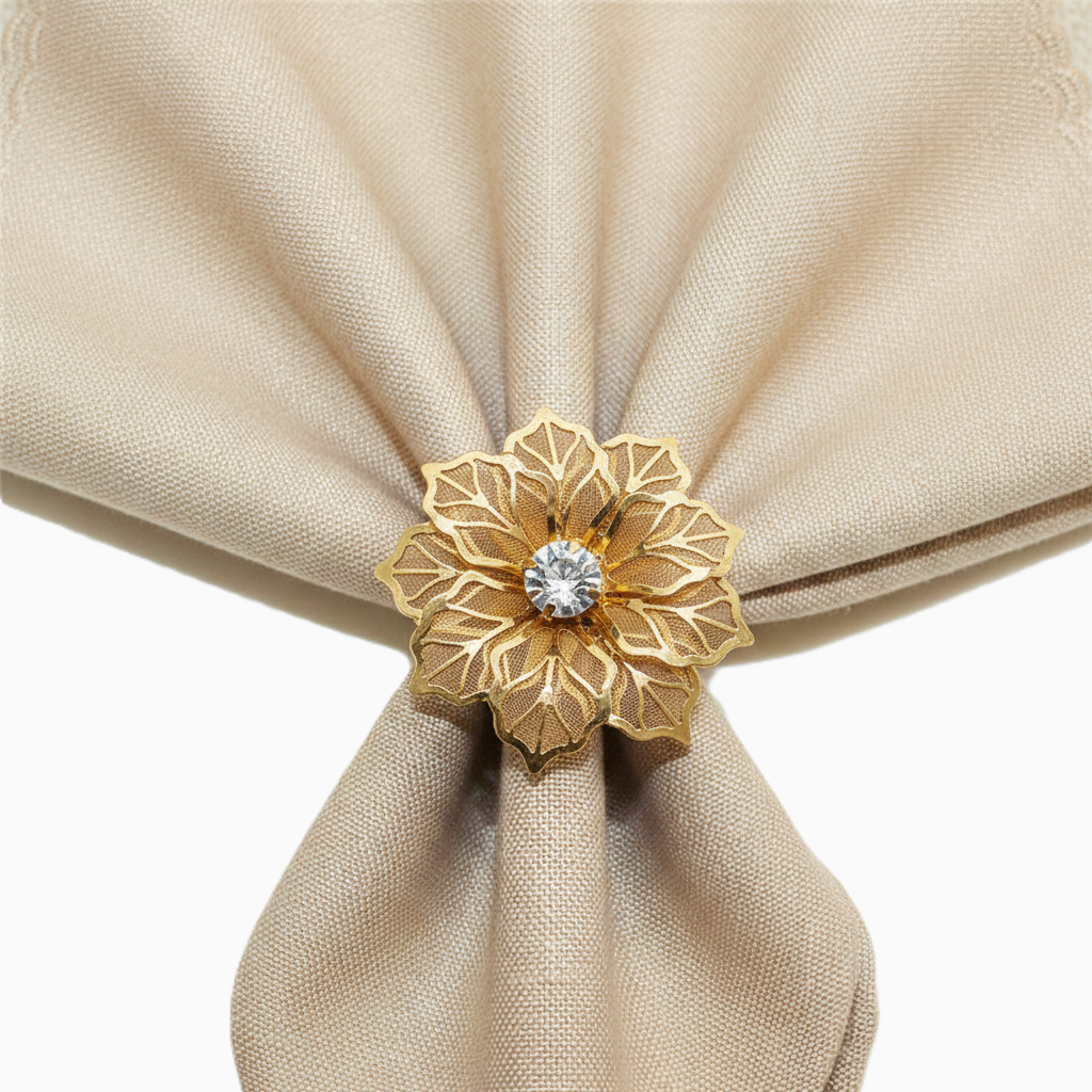 Gold Flower Napkin Rings with Crystal Center, Set of 5