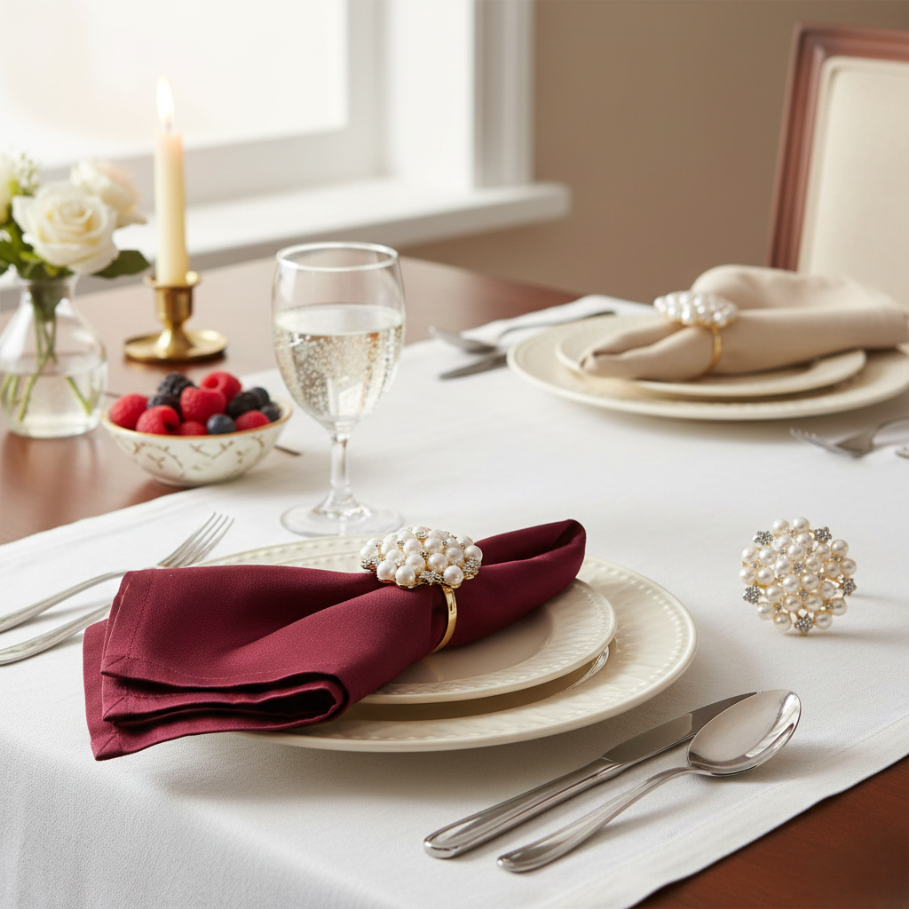 Pearl and Crystal Stainless Steel Napkin Rings, Set of 5