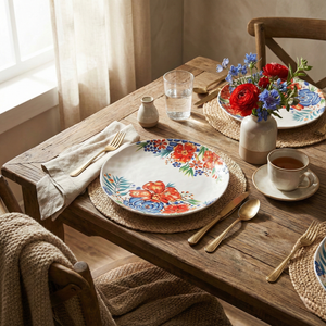 Red Blue Floral Dinner Plates, Set of 2