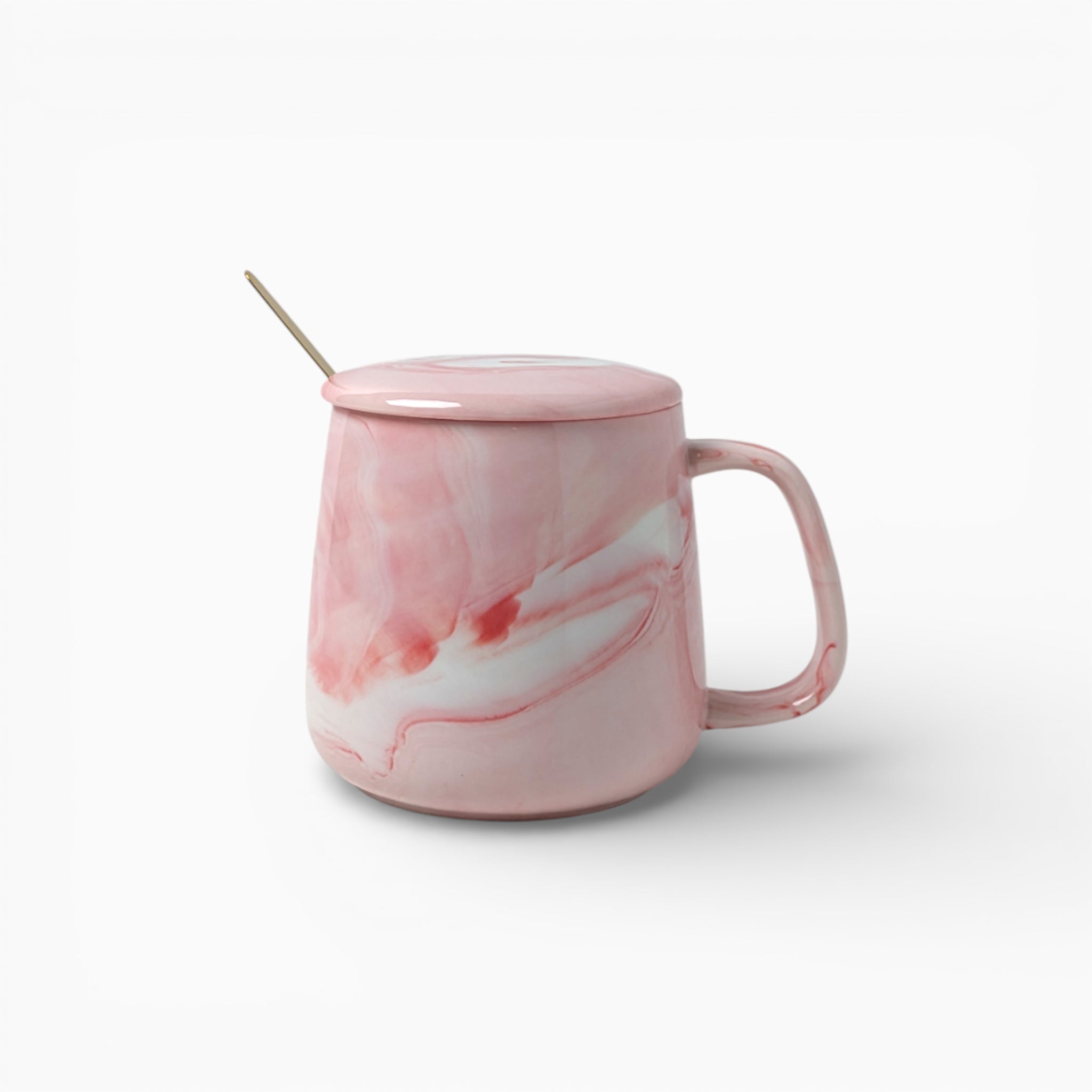 Pink Marble Ceramic Mug with Gold Spoon & Lid