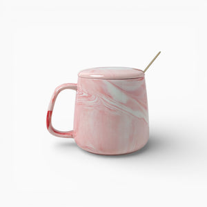 Pink Marble Ceramic Mug with Gold Spoon & Lid