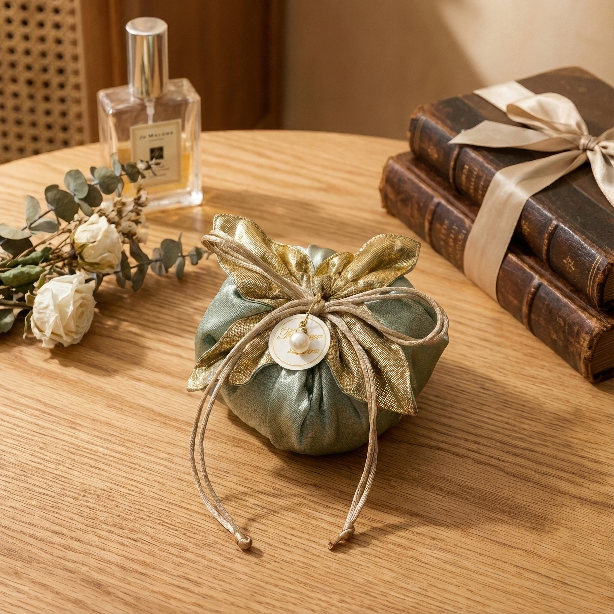 Sage & Gold Satin Favor Bags, Set of 10