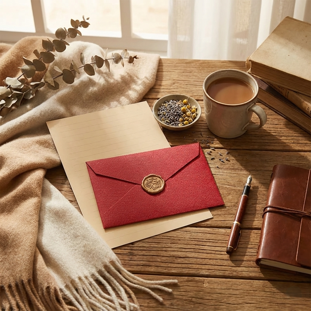 Red Linen Envelope Wax Seal Stationery Set