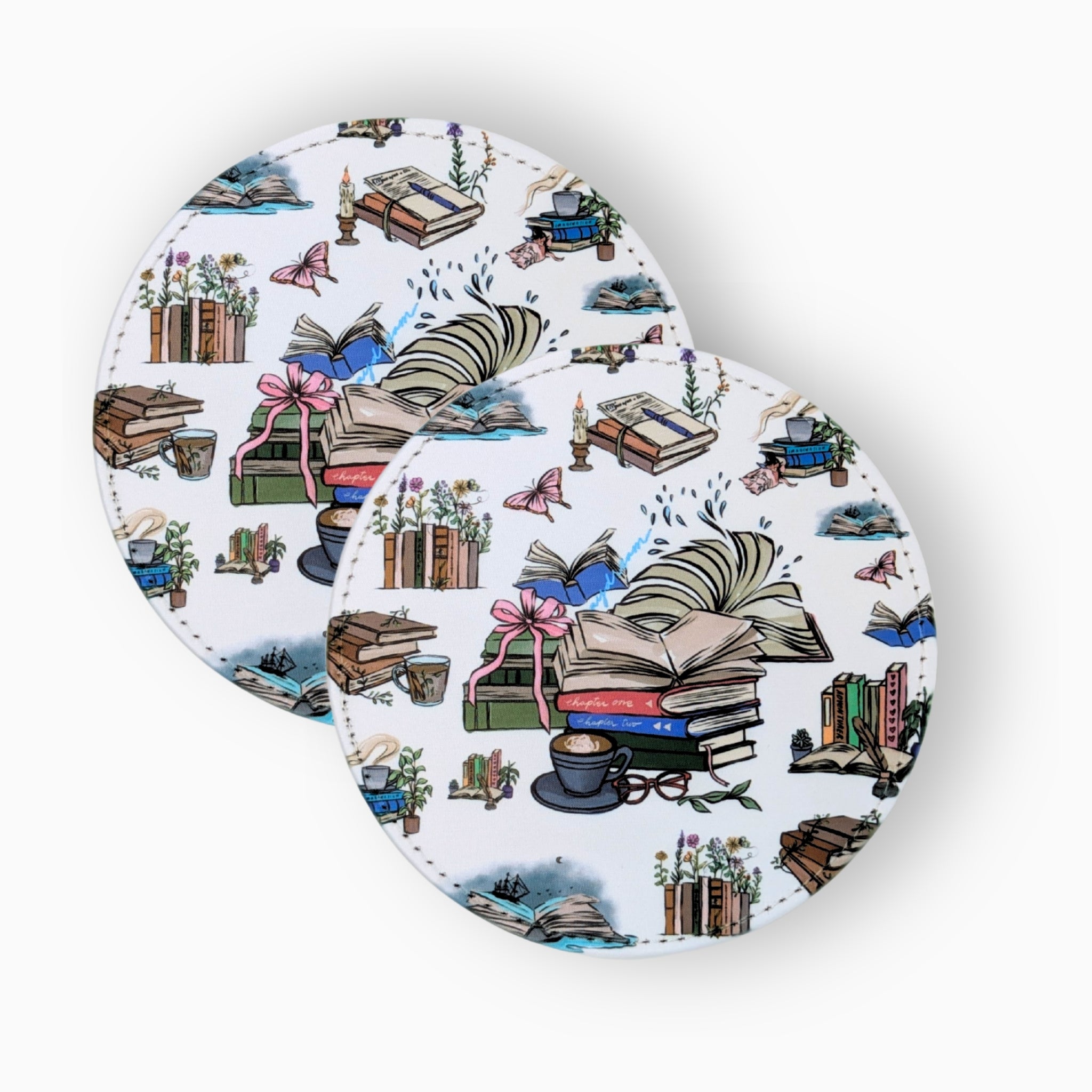 Books Fabric And Faux Leather Coasters, Set of 2