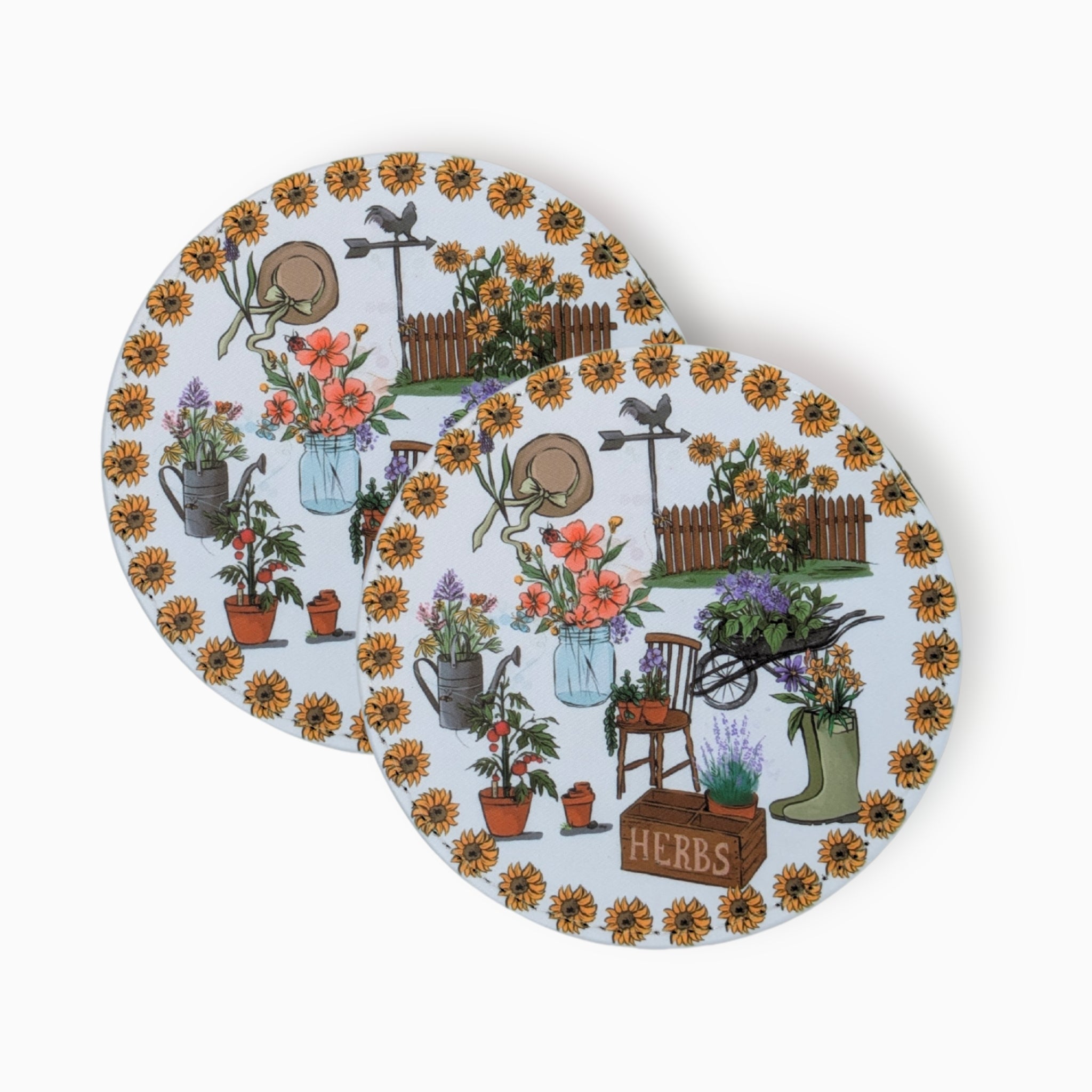 Gardening Fabric And Faux Leather Coasters, Set of 2