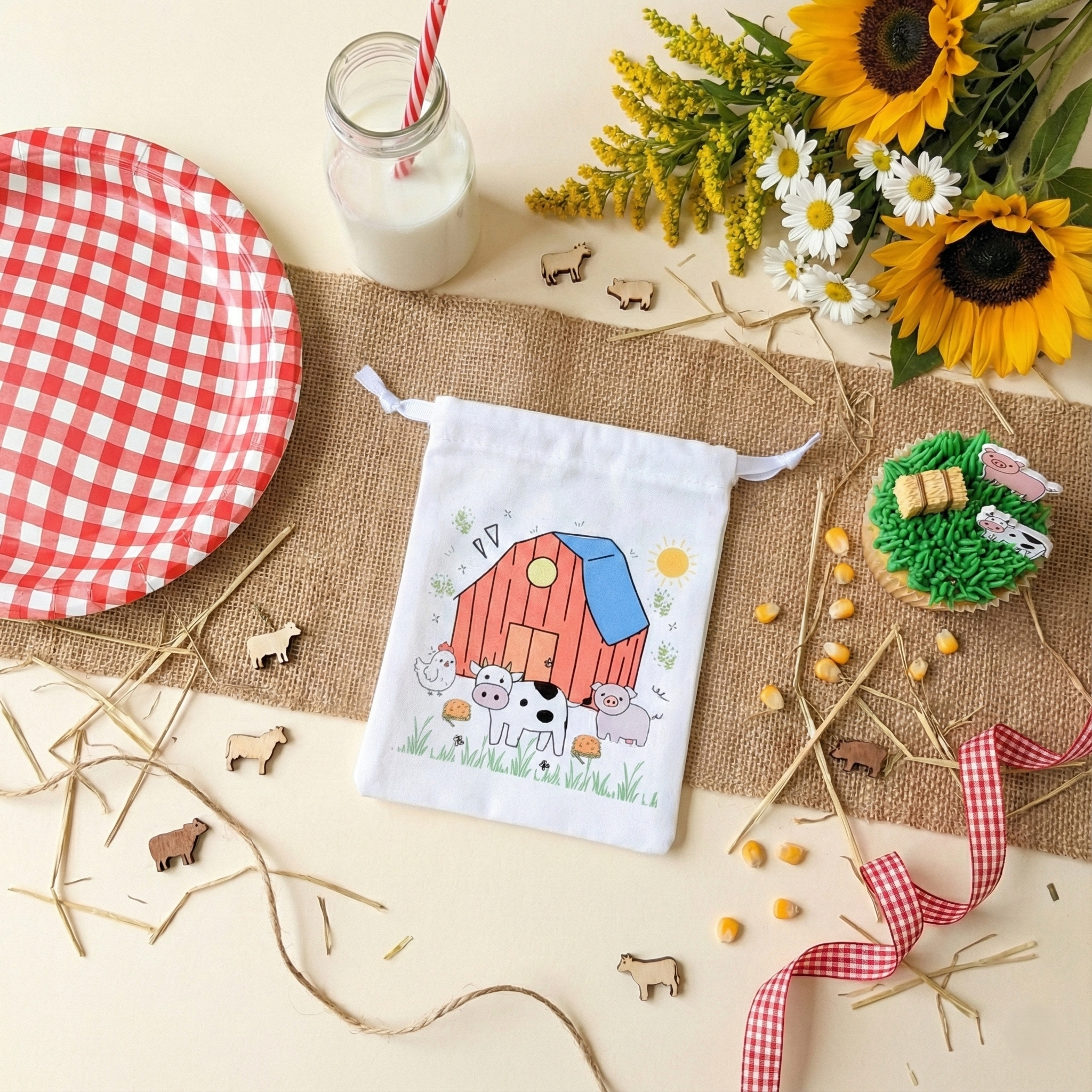 Farm Satin Loot Bags, Set of 10