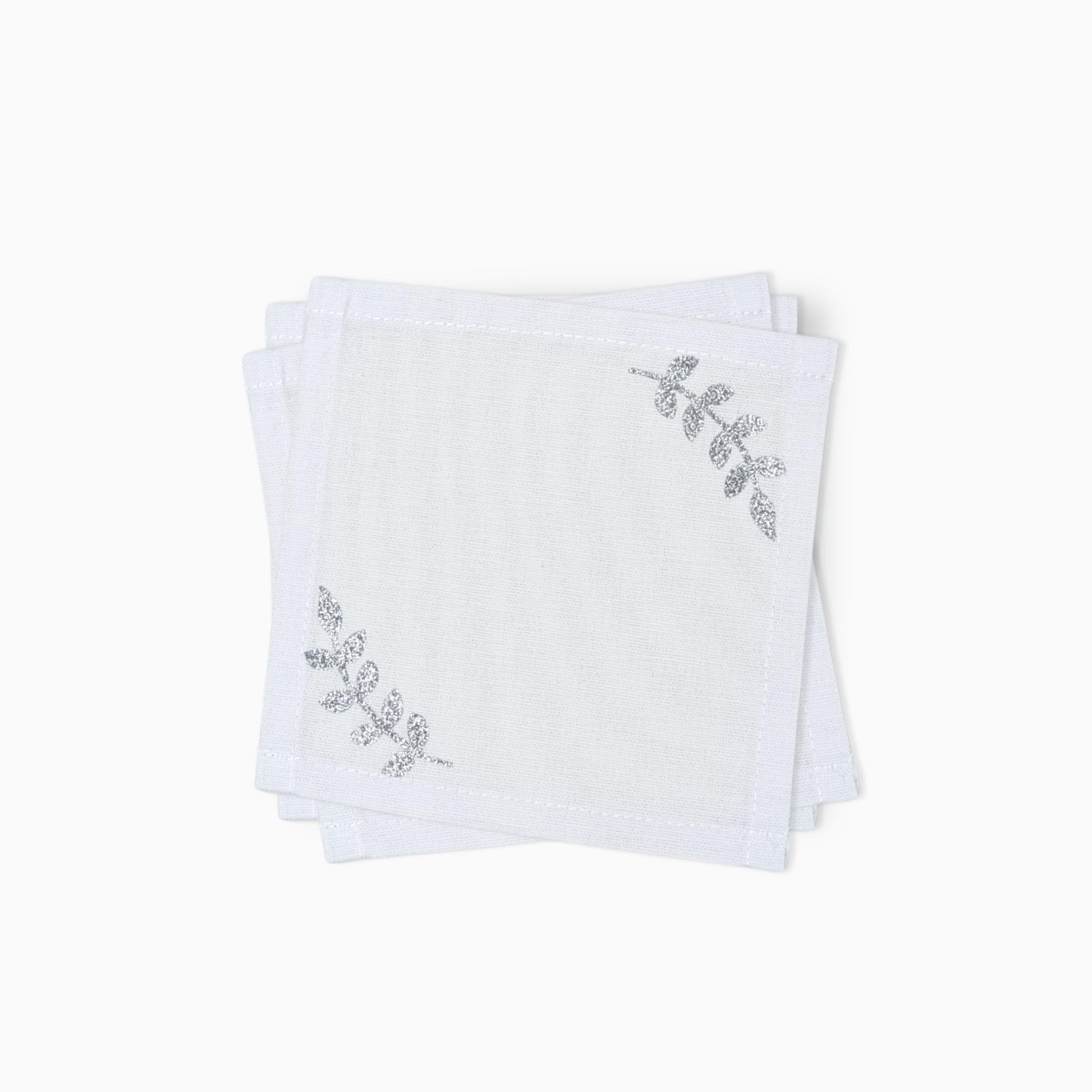 Cotton Cocktail Napkins, Silver Glitter Corner Leaves, Set of 10