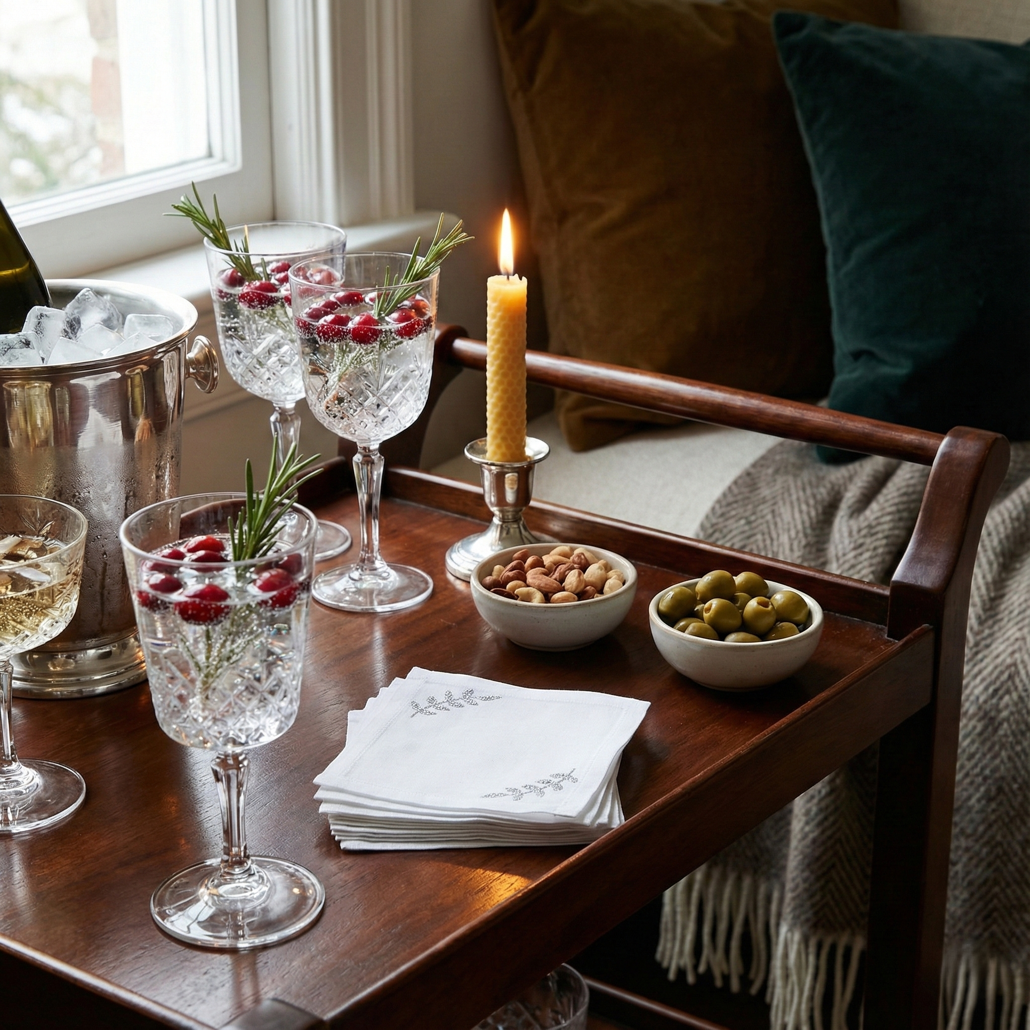 Cotton Cocktail Napkins, Silver Glitter Corner Leaves, Set of 10