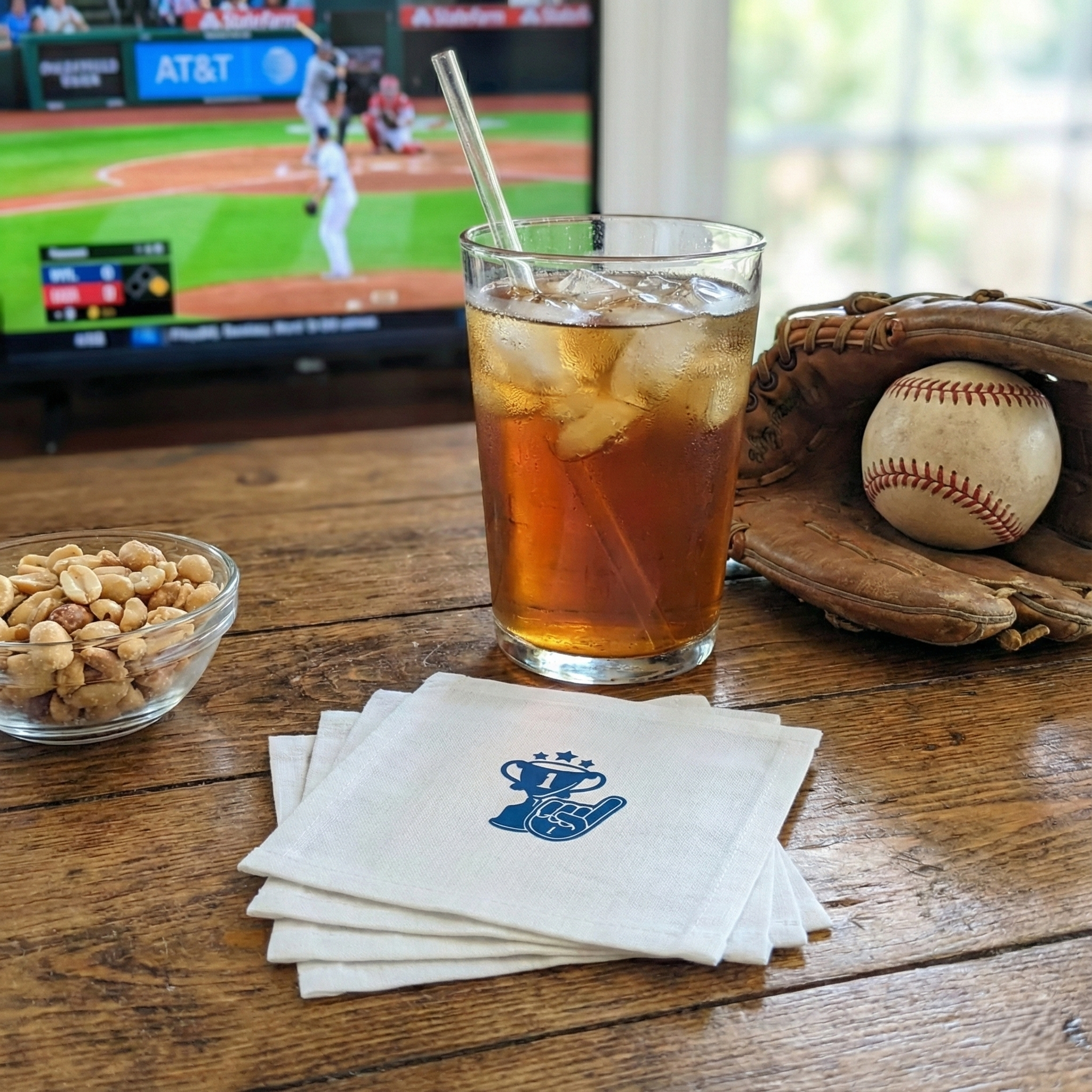 Cotton Cocktail Napkins, Blue Sports Emblem, Set of 10