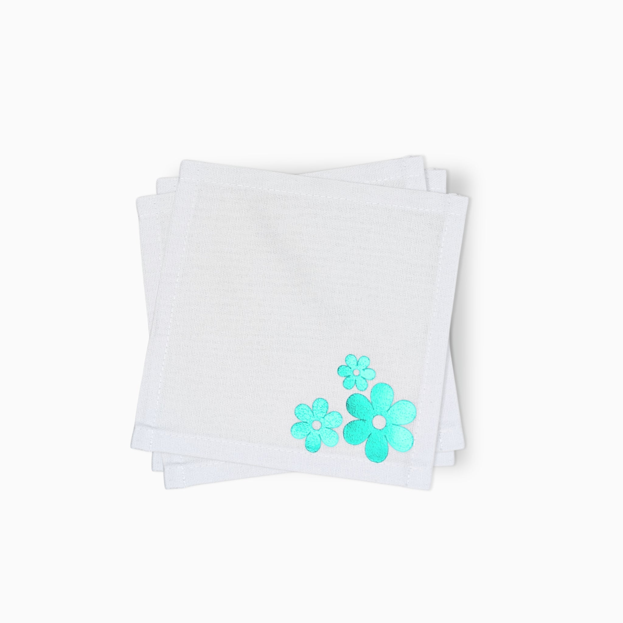 Cotton Cocktail Napkins, Teal Foil Floral, Set of 10