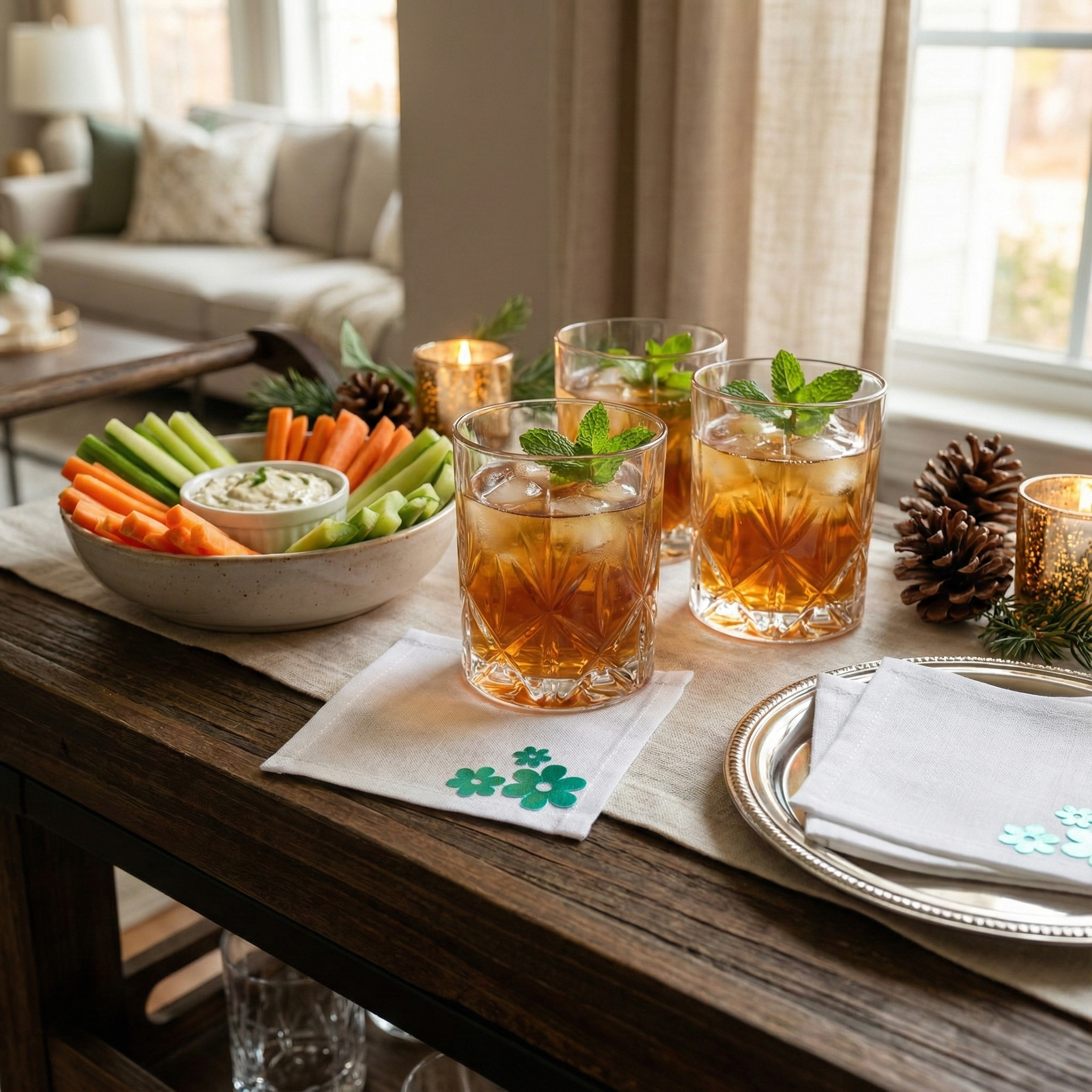 Cotton Cocktail Napkins, Teal Foil Floral, Set of 10