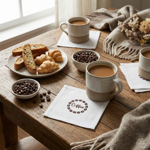 Cotton Cocktail Napkins, Coffee Bean Wreath, Set of 10