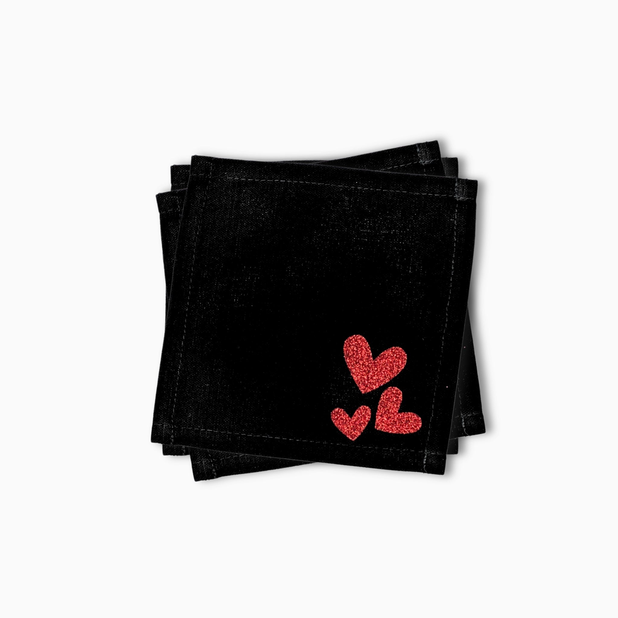 Black Cotton Cocktail Napkins, Red Glitter Hearts, Set of 10
