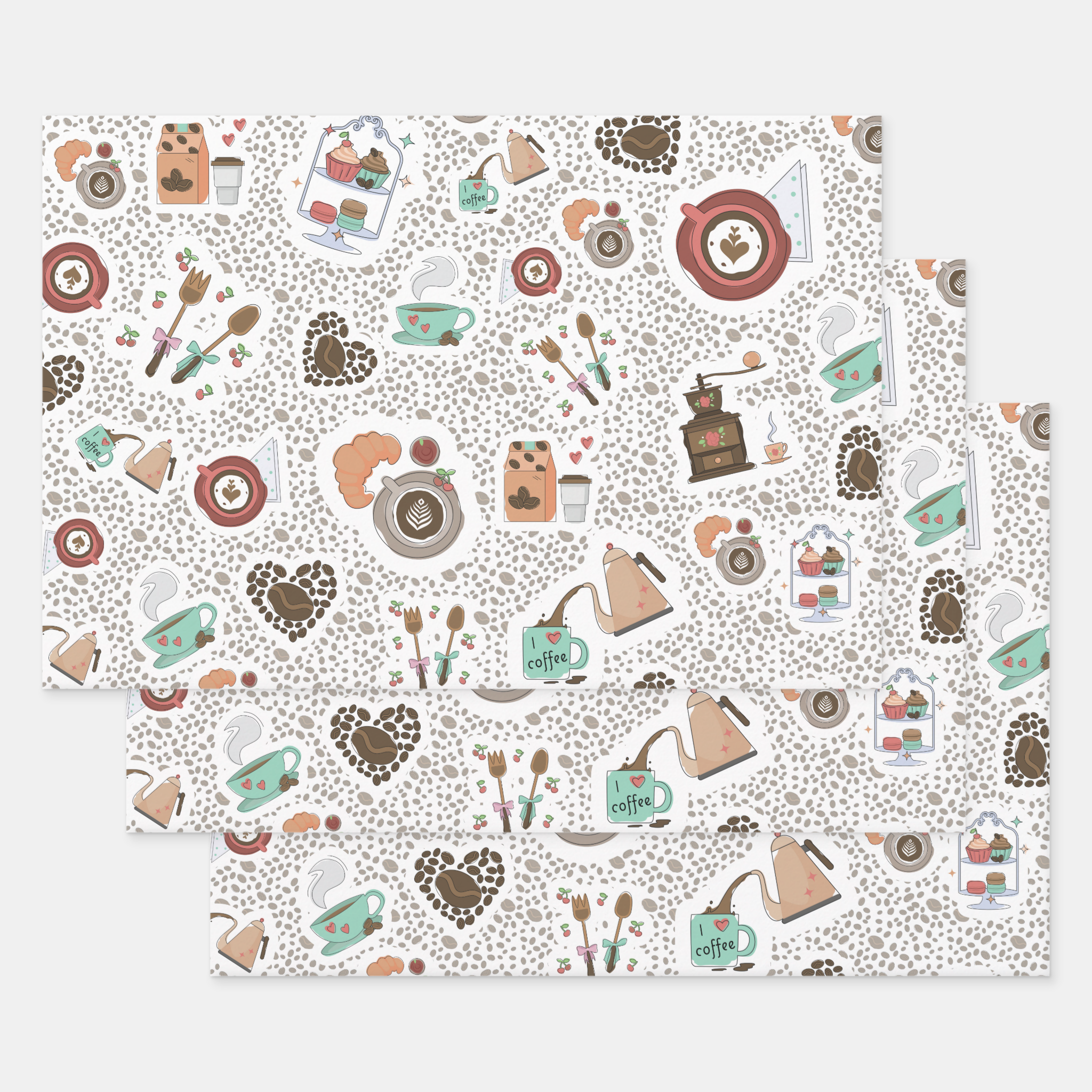 Coffee Gift Wrapping Paper Sheets, Set of 3