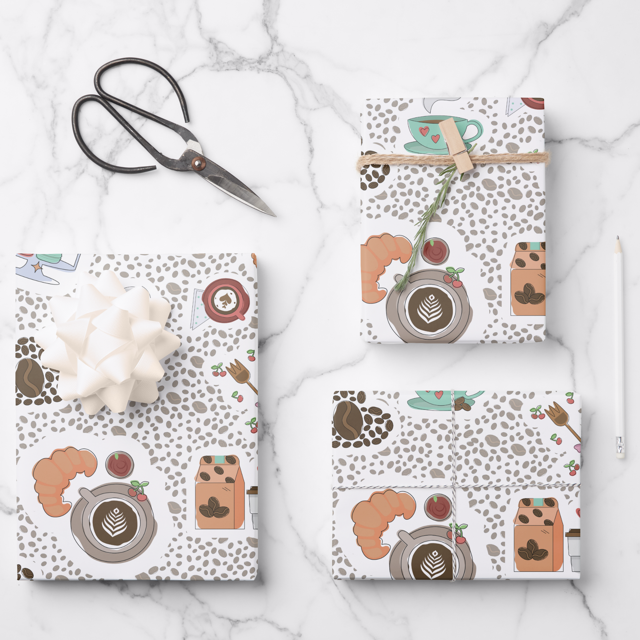 Coffee Gift Wrapping Paper Sheets, Set of 3
