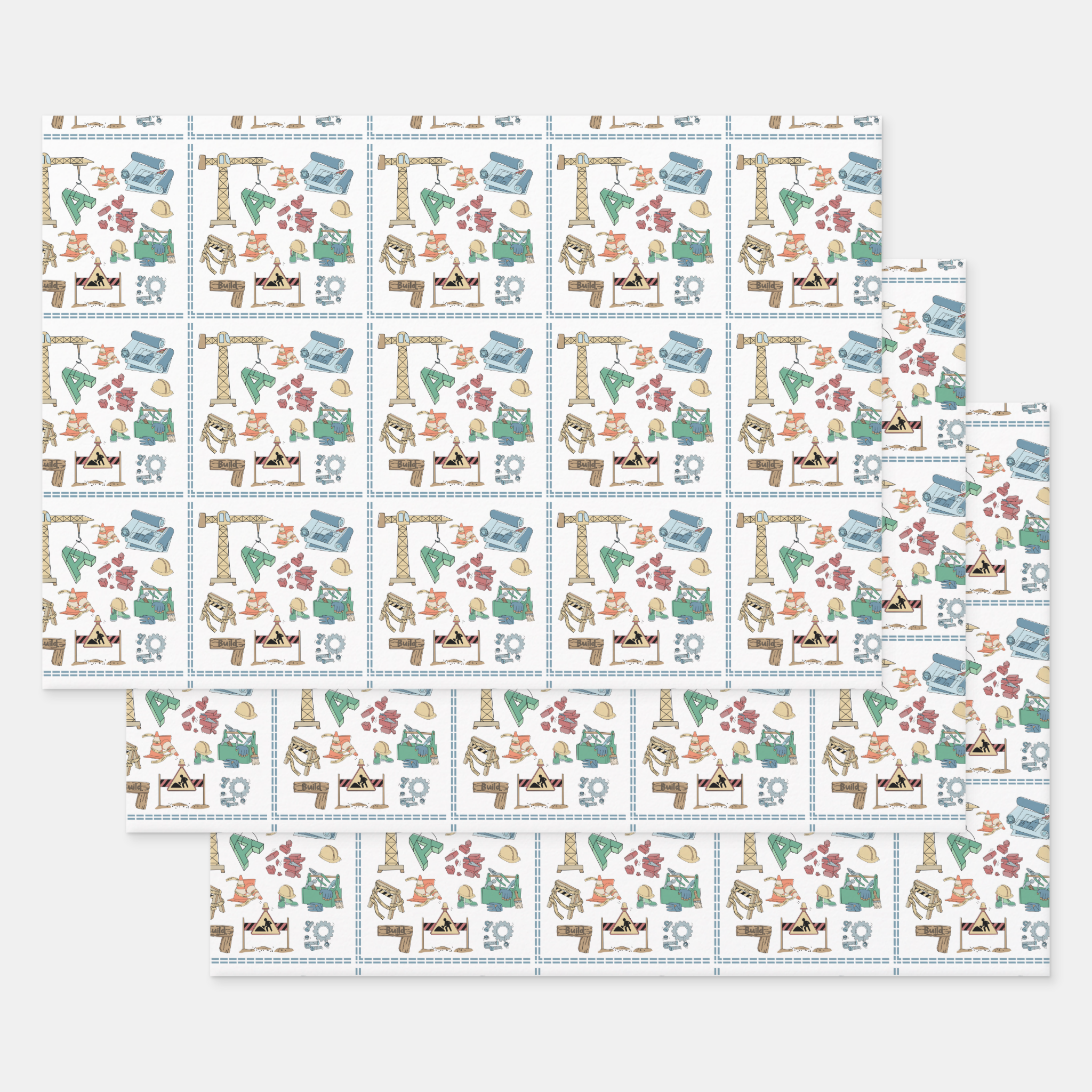 Construction Gift Wrapping Paper Sheets, Set of 3
