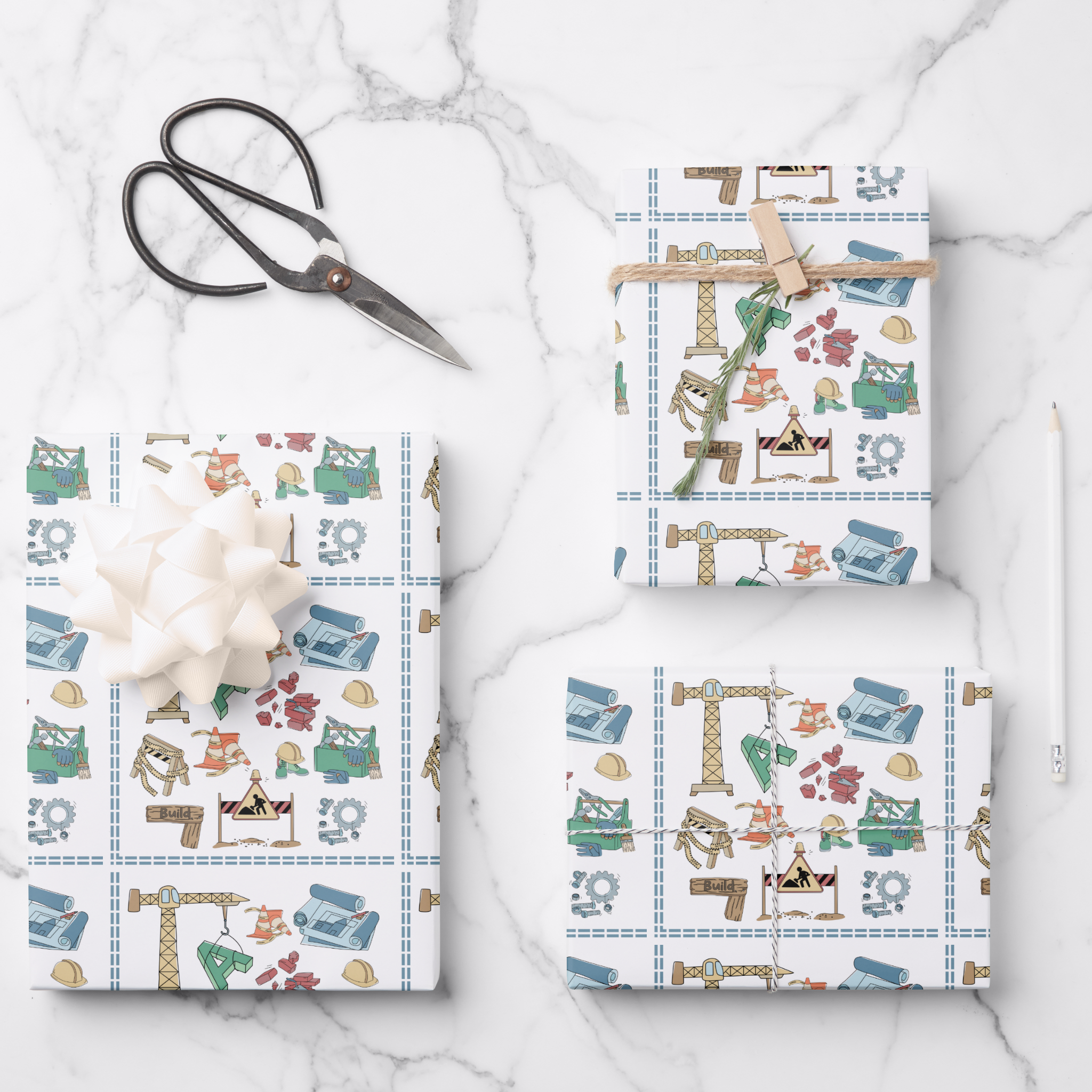 Construction Gift Wrapping Paper Sheets, Set of 3