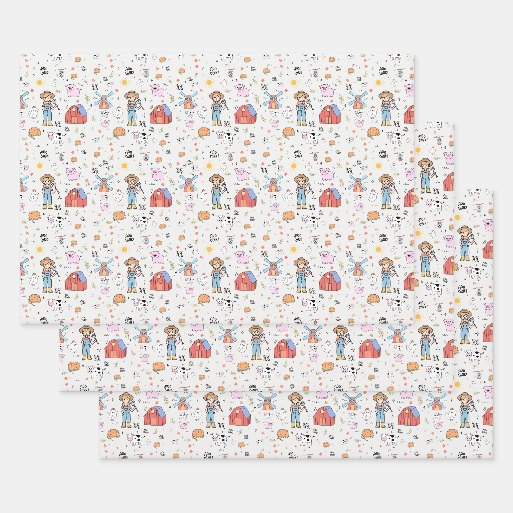 Farm Gift Wrapping Paper Sheets, Set of 3
