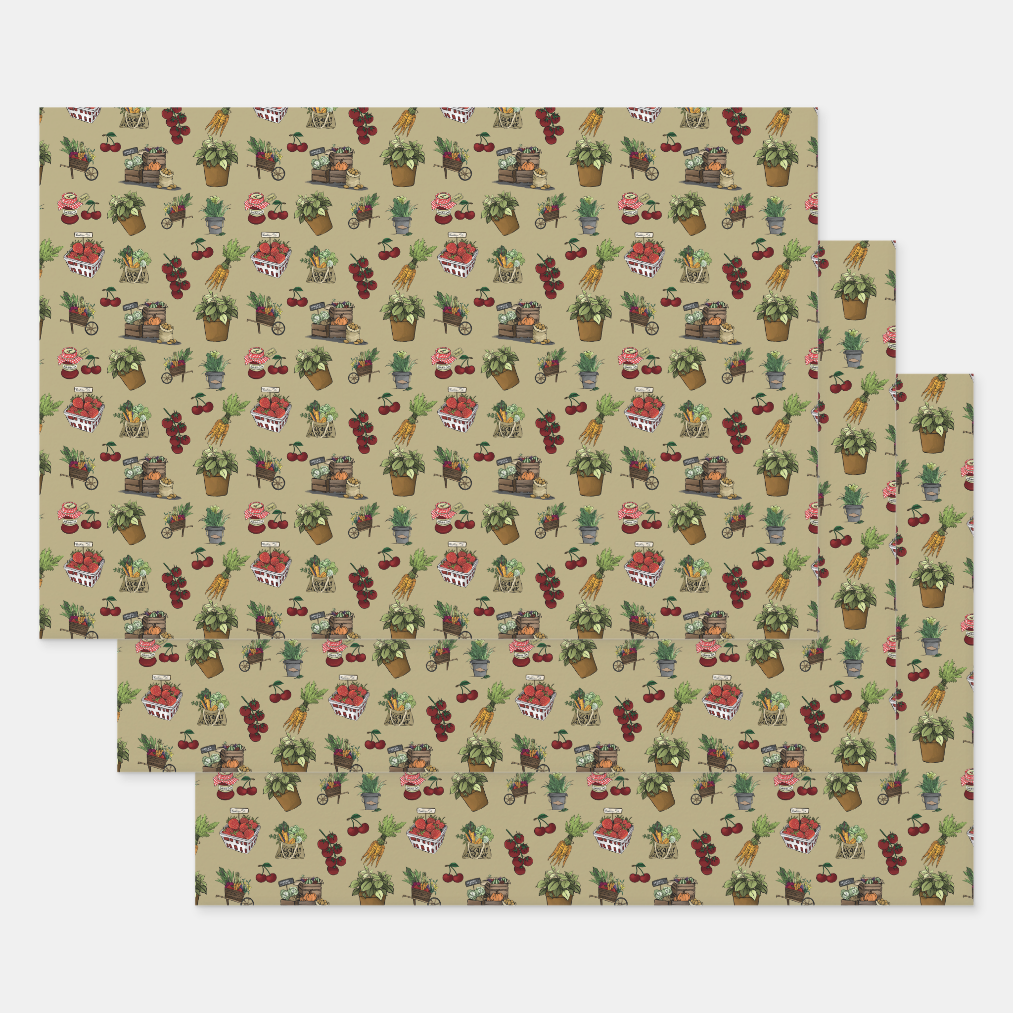 Farmers Market Gift Wrapping Paper Sheets, Set of 3