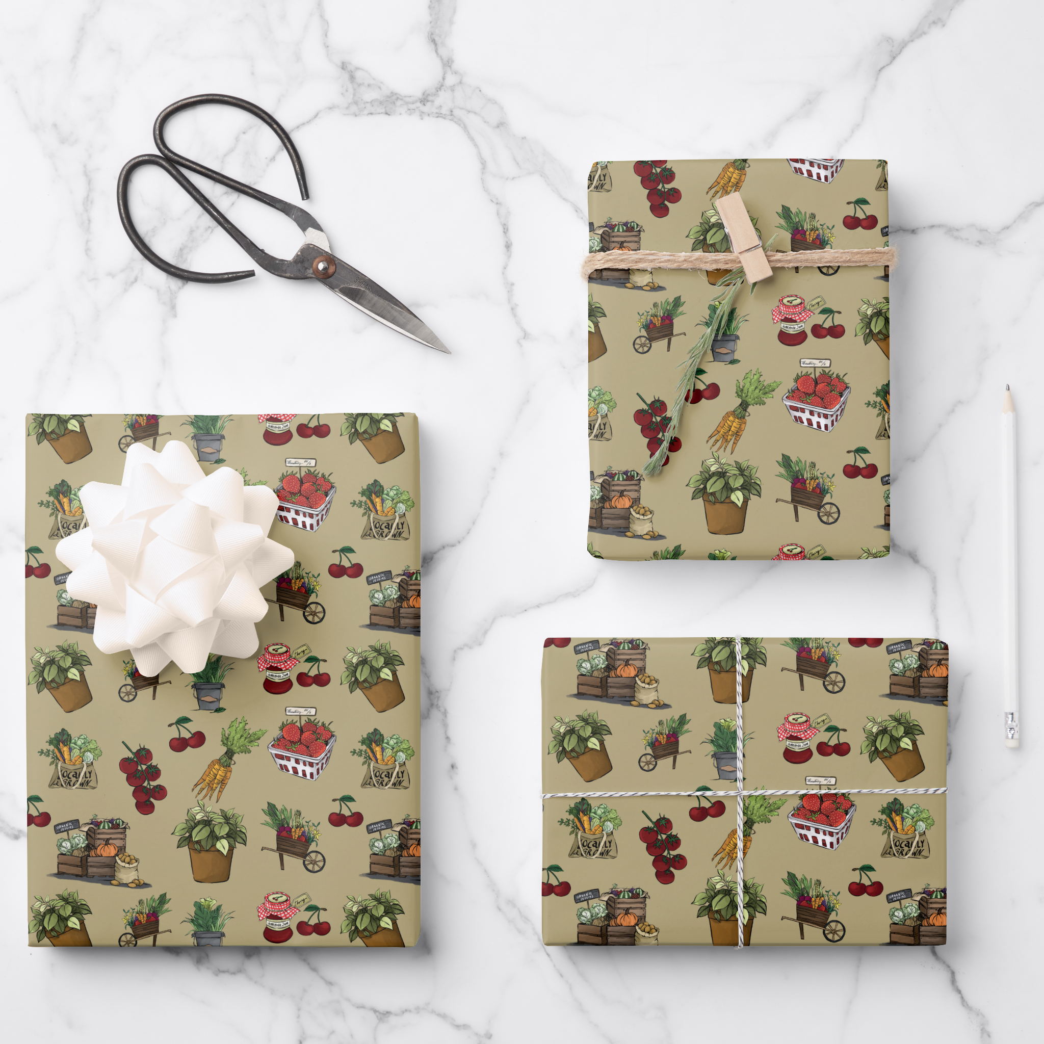 Farmers Market Gift Wrapping Paper Sheets, Set of 3