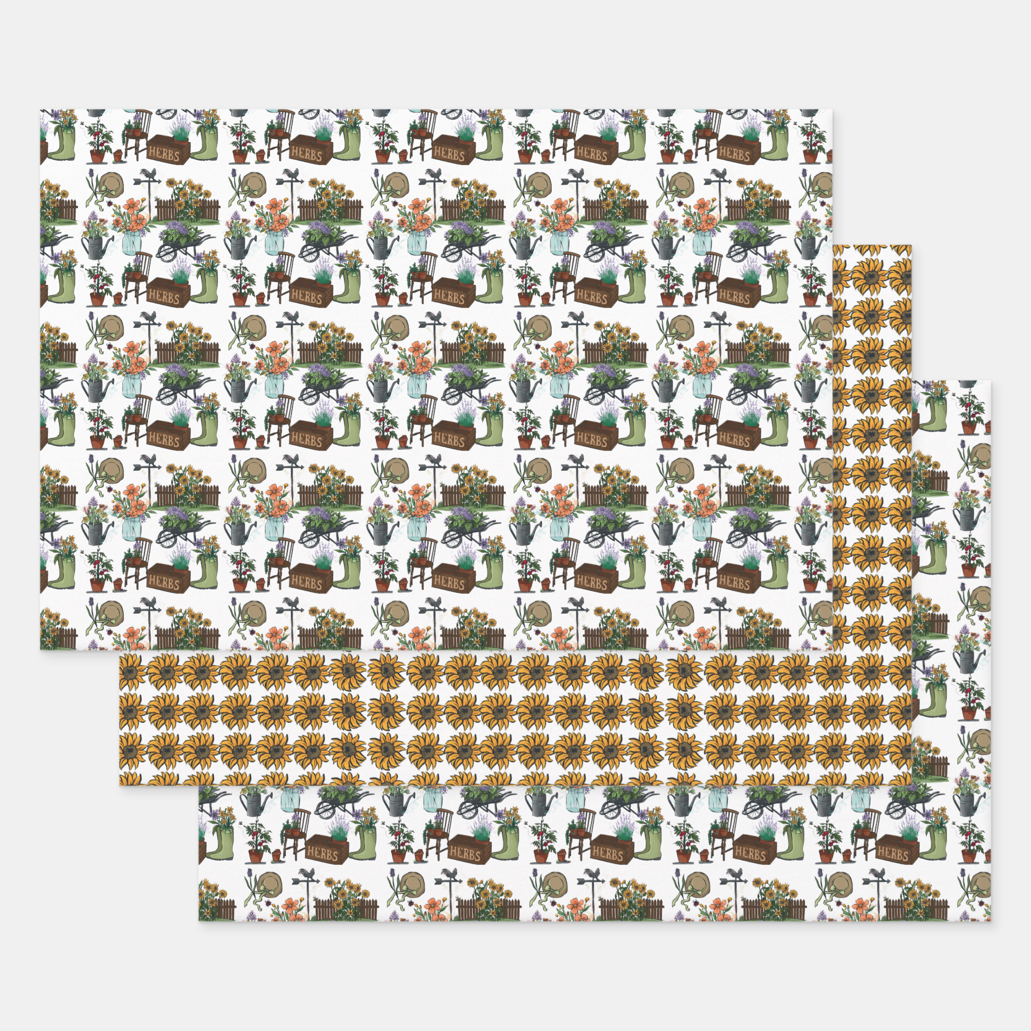 Gardening Gift Wrapping Paper Sheets, Set of 3