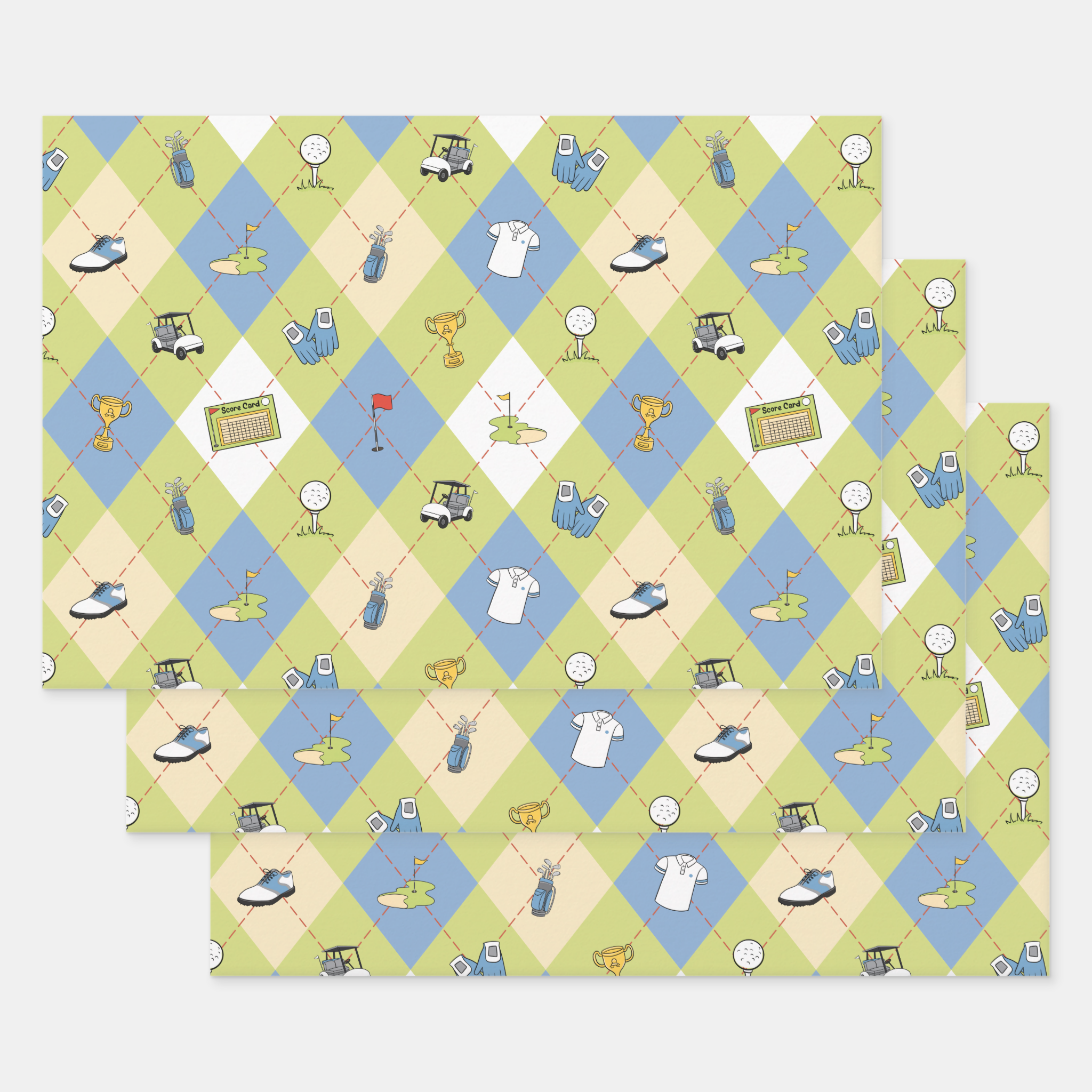 Golf Gift Wrapping Paper Sheets, Set of 3
