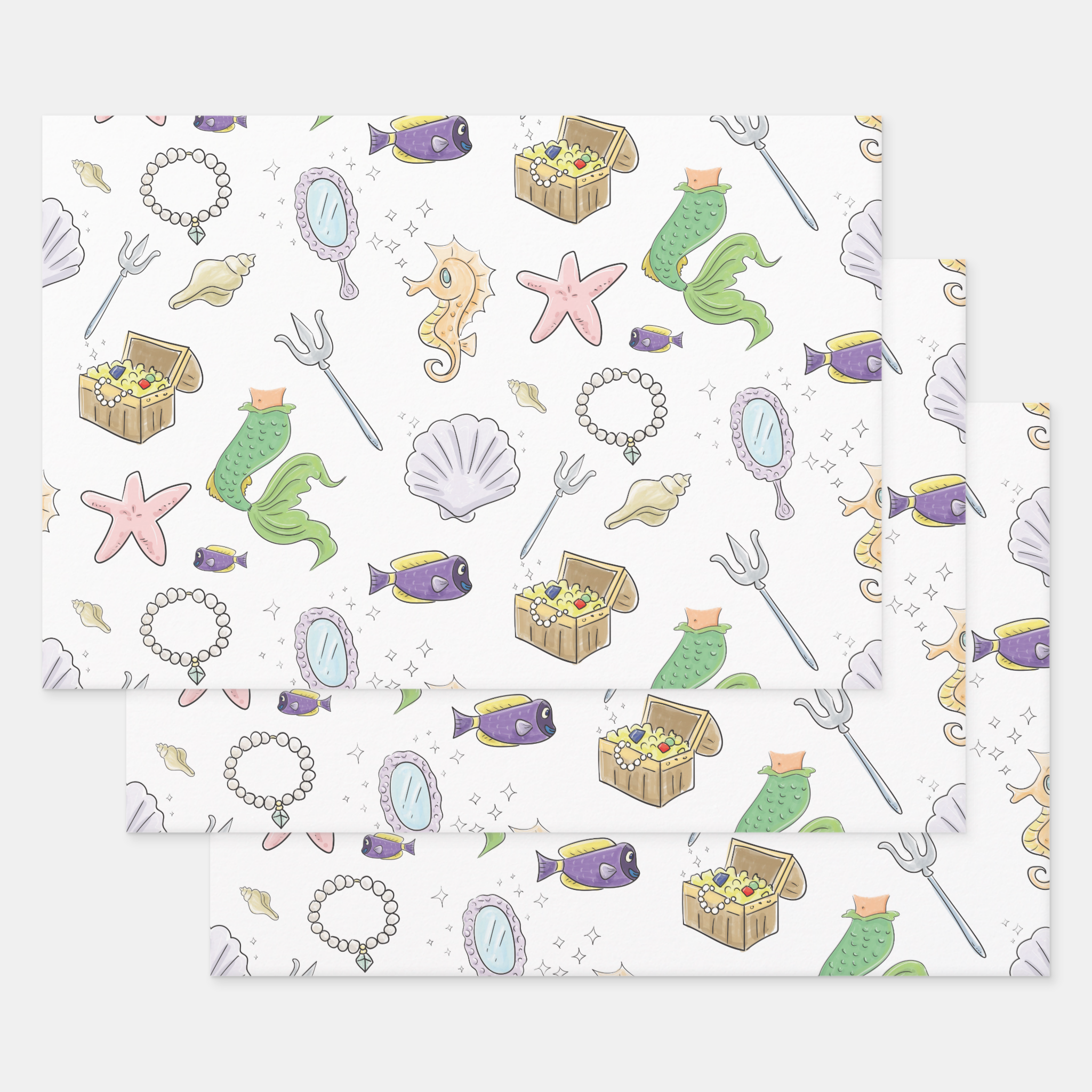 Mermaid Gift Wrapping Paper Sheets, Set of 3